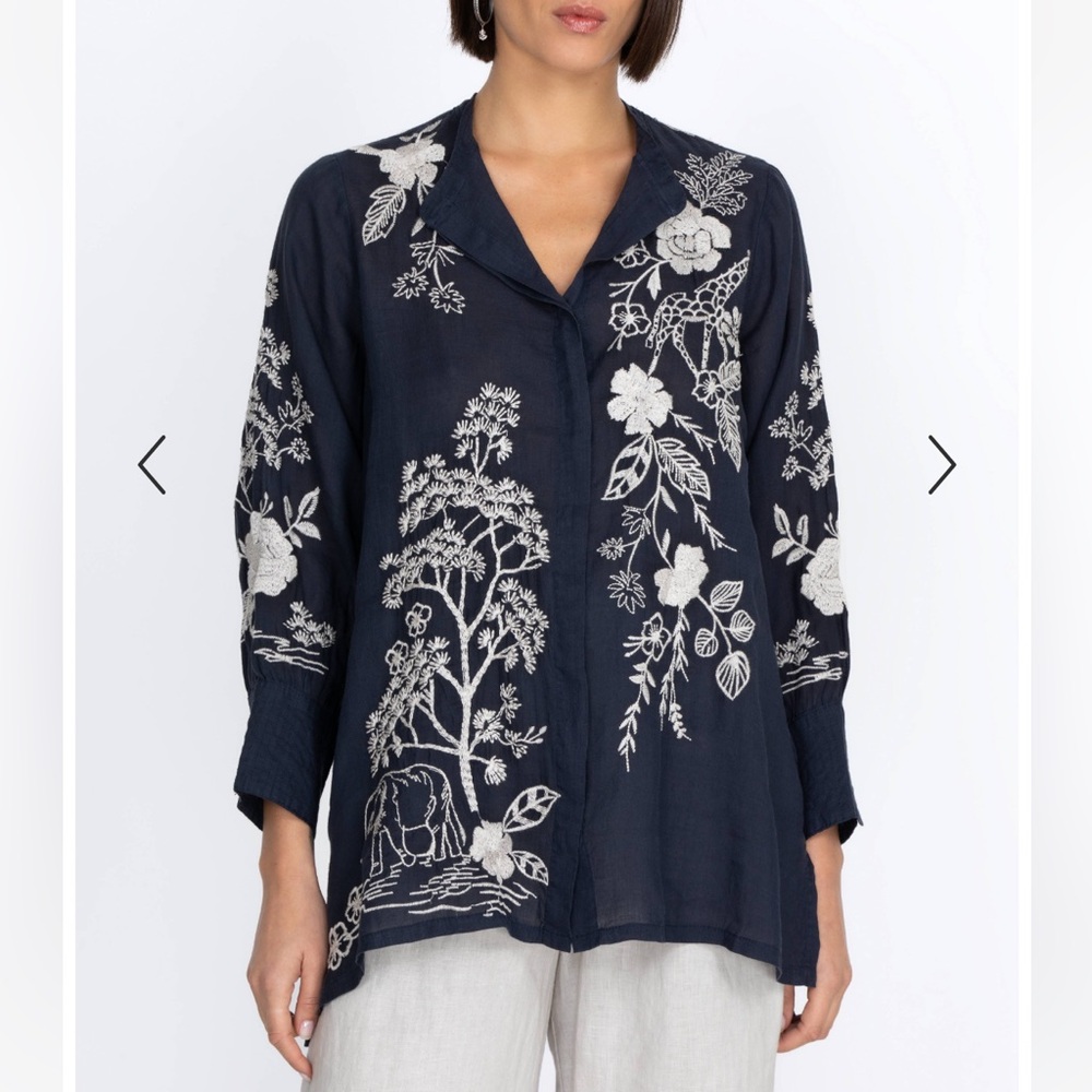 Johnny Was Osiris Voyager Tunic Top Embroidered Long-Sleeve Women’s Small Navy